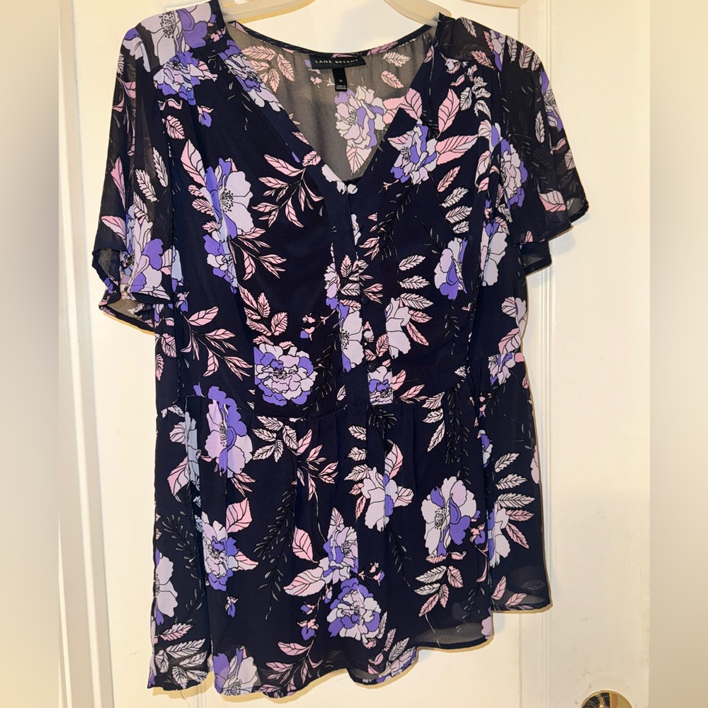 Lane Bryant Purple and Pink Flutter Sleeve Blouse - EUC